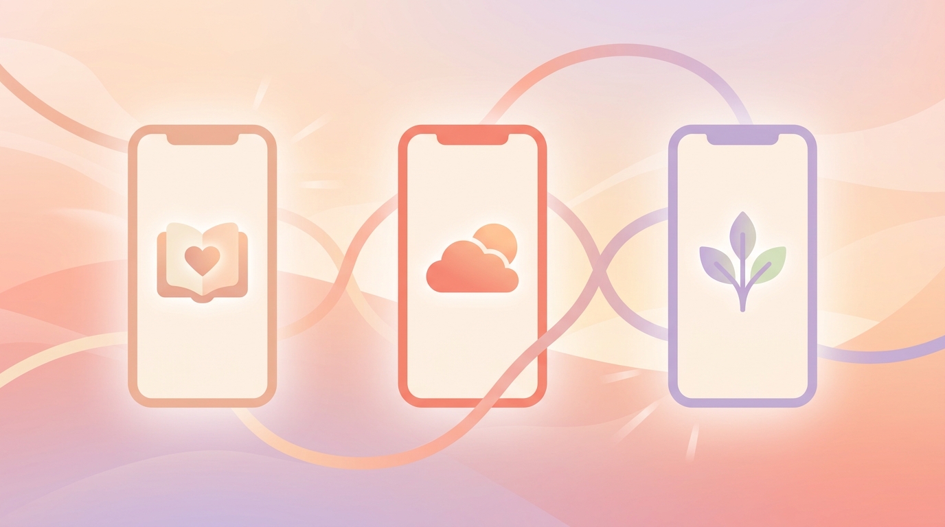 A side-by-side comparison chart of Apple Journal, Day One, and ViviDiary interfaces displayed on modern smartphones.