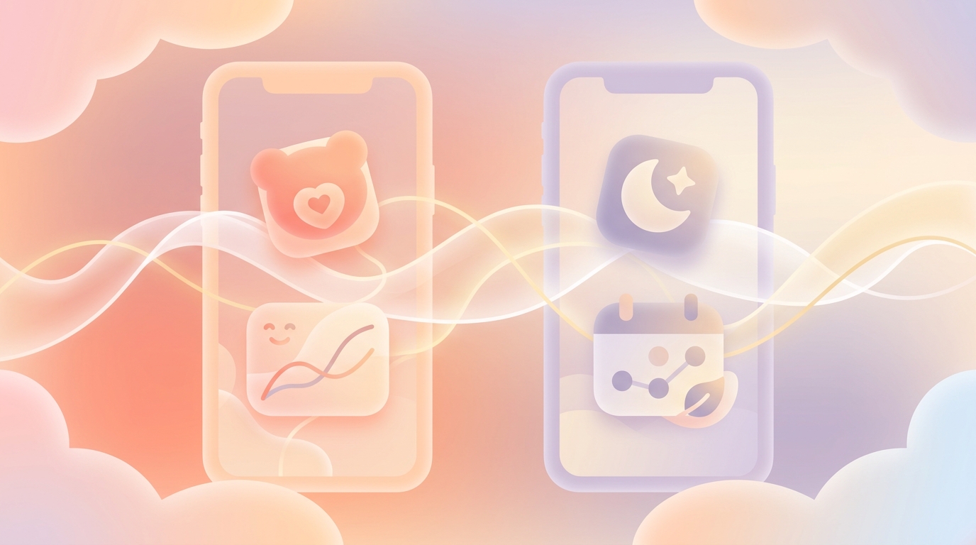 Split screen comparison of Bearable and Daylio app interfaces on smartphones