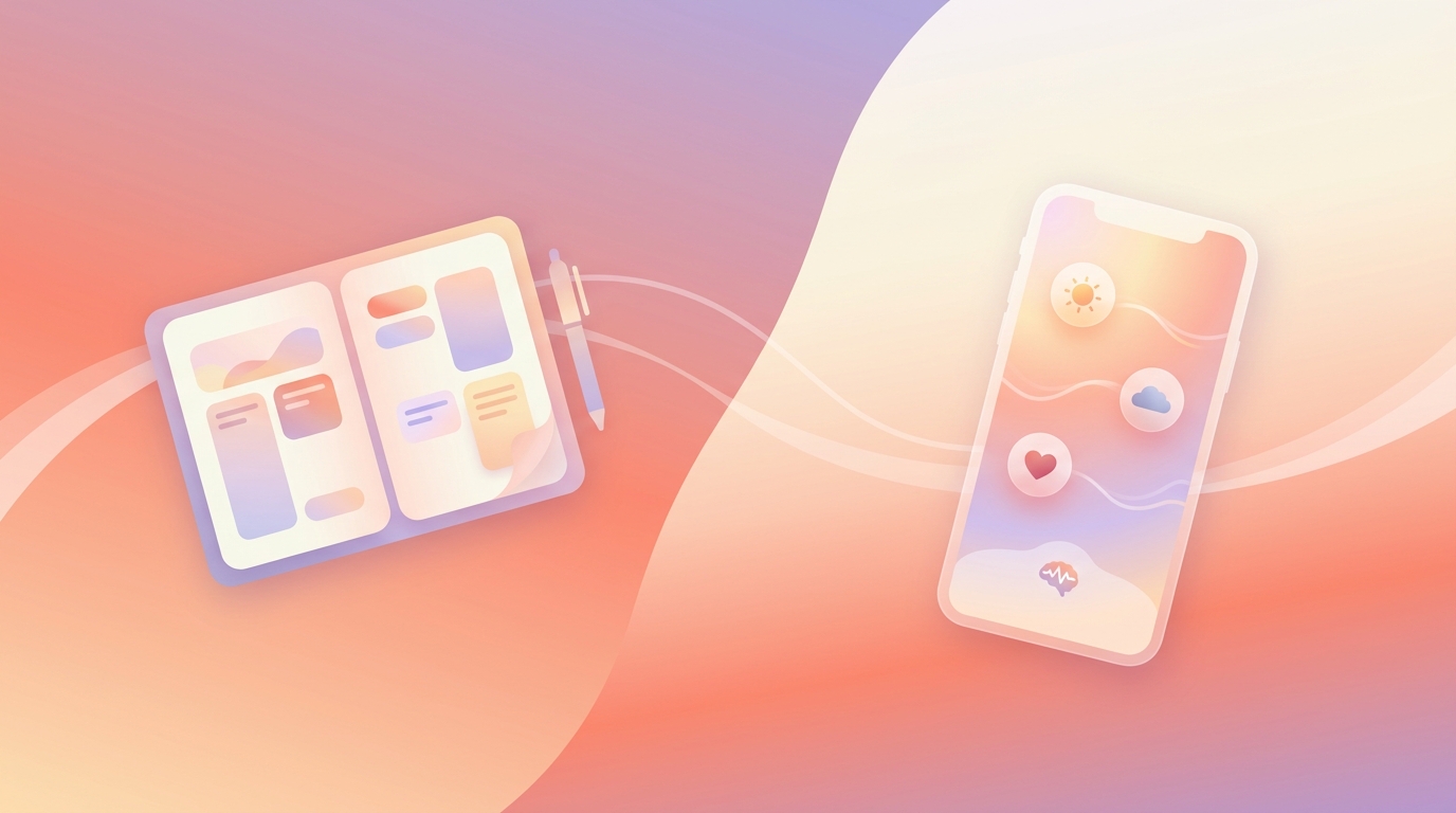 A split screen showing a student's planner and a smartphone displaying an ADHD mood tracking app