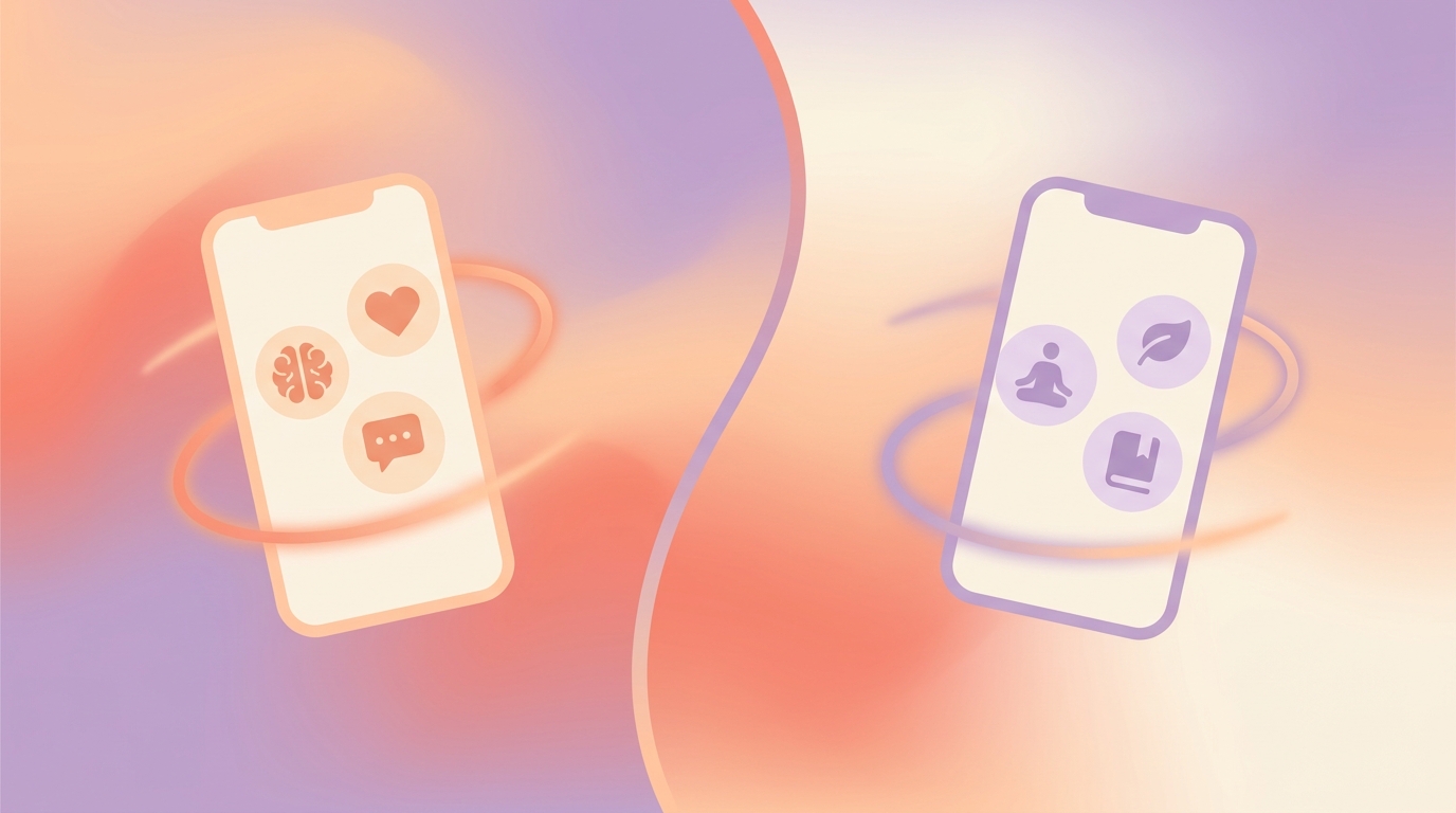 A split screen showing a comparison of top AI therapy and mental health companion apps on smartphones