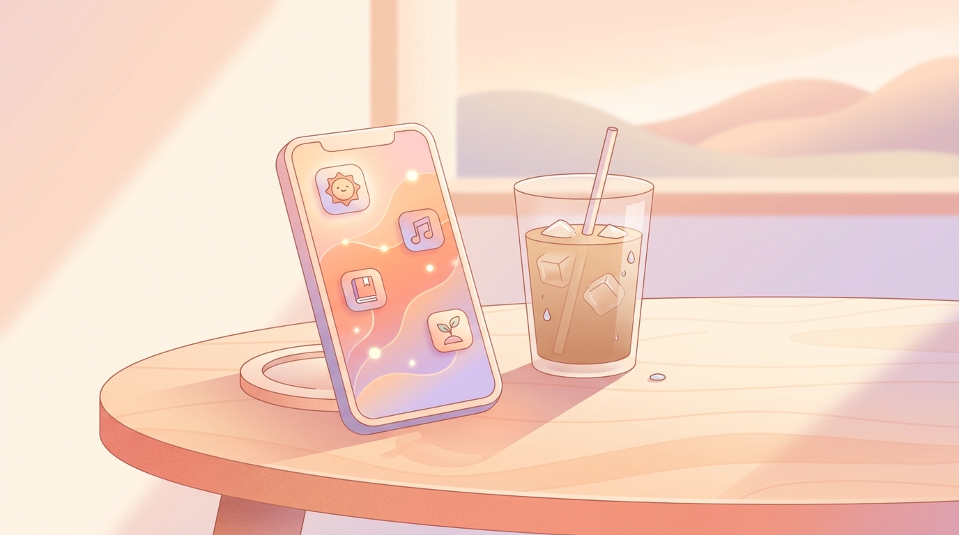 A smartphone displaying a colorful dopamine menu app interface next to a cup of iced coffee on a summer desk