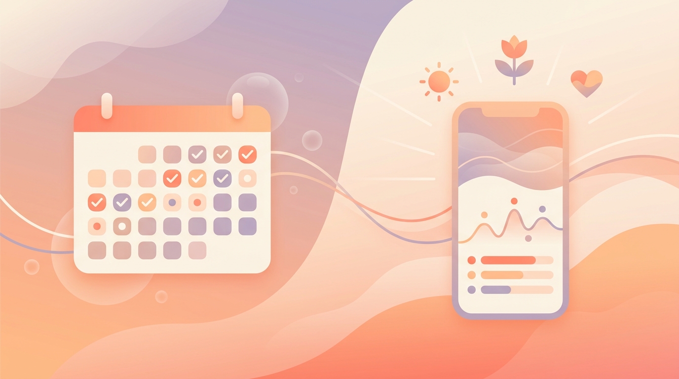 A split screen showing a calendar with habit tracking checkmarks next to a smartphone displaying mood analytics