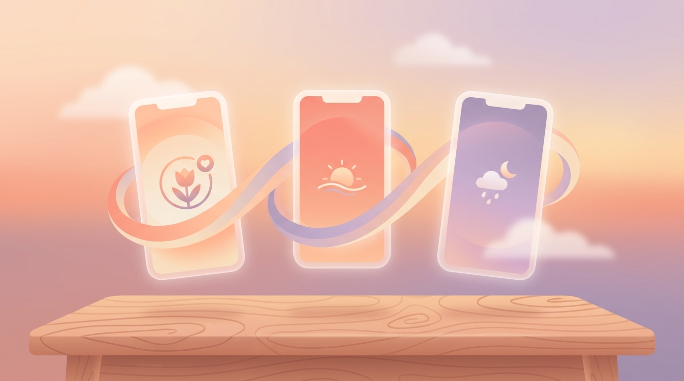 Ein Smartphone-Display im direkten Vergleich, das die Benutzeroberflächen der Mikro-Journaling-Apps ViviDiary, Daylio und How We Feel 2026 auf einem Holztisch zeigt.