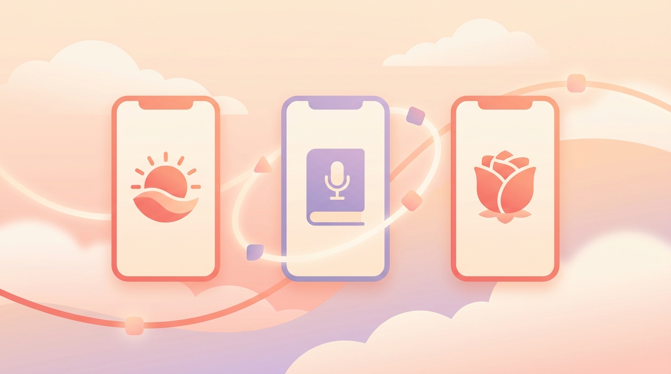 A side-by-side comparison chart of top voice journaling apps on mobile screens, featuring ViviDiary, Day One, and Rosebud interfaces.