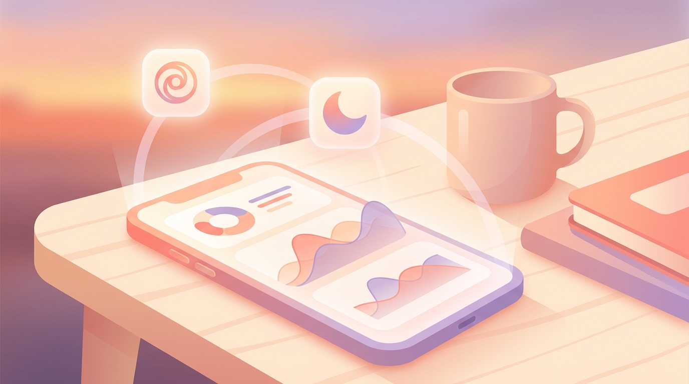 A smartphone displaying colorful mood tracking charts and graphs on a wooden desk