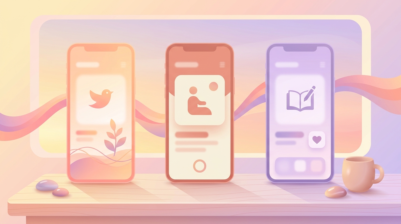 Side-by-side comparison of Finch, Stoic, and ViviDiary app interfaces on smartphone screens resting on a modern desk