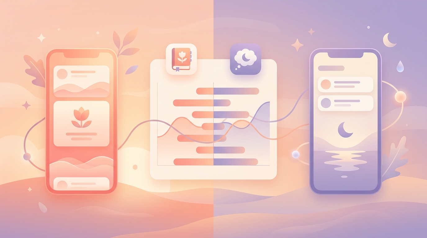 A split-screen comparison of Rosebud and Reflectly app interfaces on smartphones, alongside a data-driven comparison chart