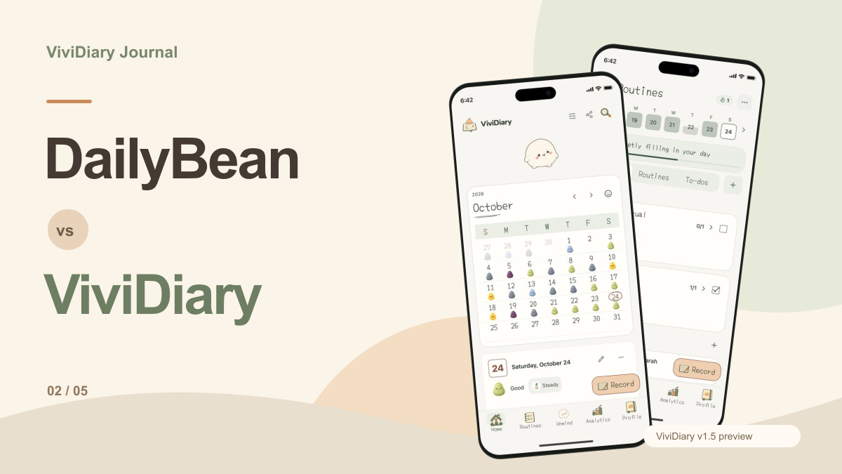 Comparison cover; the phones show the ViviDiary v1.5 preview.
