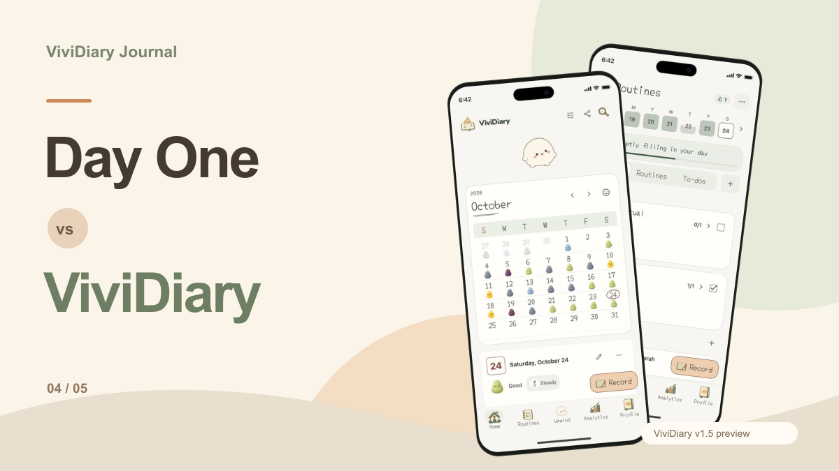 Comparison cover; the phones show the ViviDiary v1.5 preview.