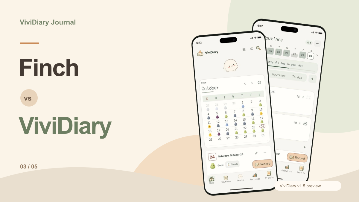 Comparison cover; the phones show the ViviDiary v1.5 preview.