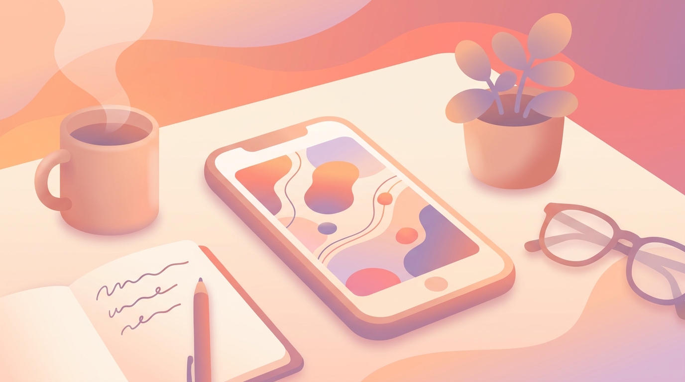 A warm, messy desk with a smartphone displaying the ViviDiary app's gentle mood tracking interface, representing anti-perfectionism habit tracking.
