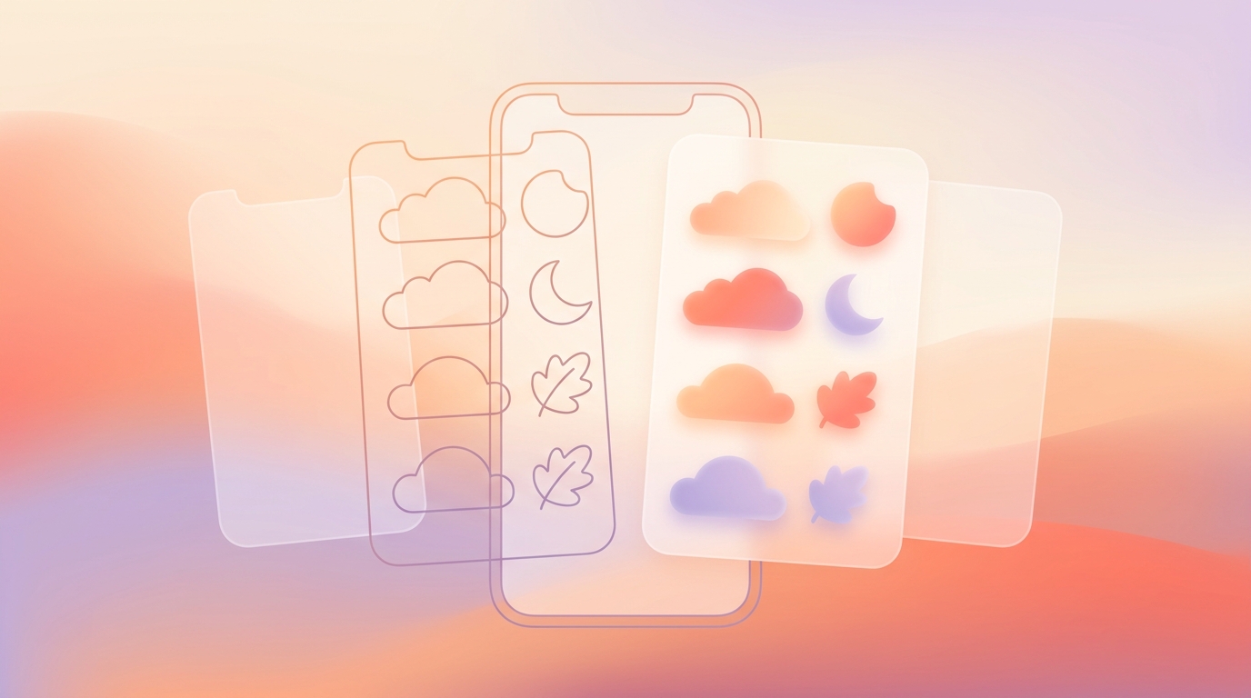 Dark mode tintable icons design for mood trackers showing shape-based UI on a mobile screen