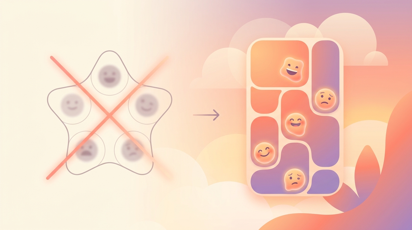 A side-by-side comparison of a traditional 5-point mood scale crossed out, next to ViviDiary's modular distorted face emoji mood logging interface.