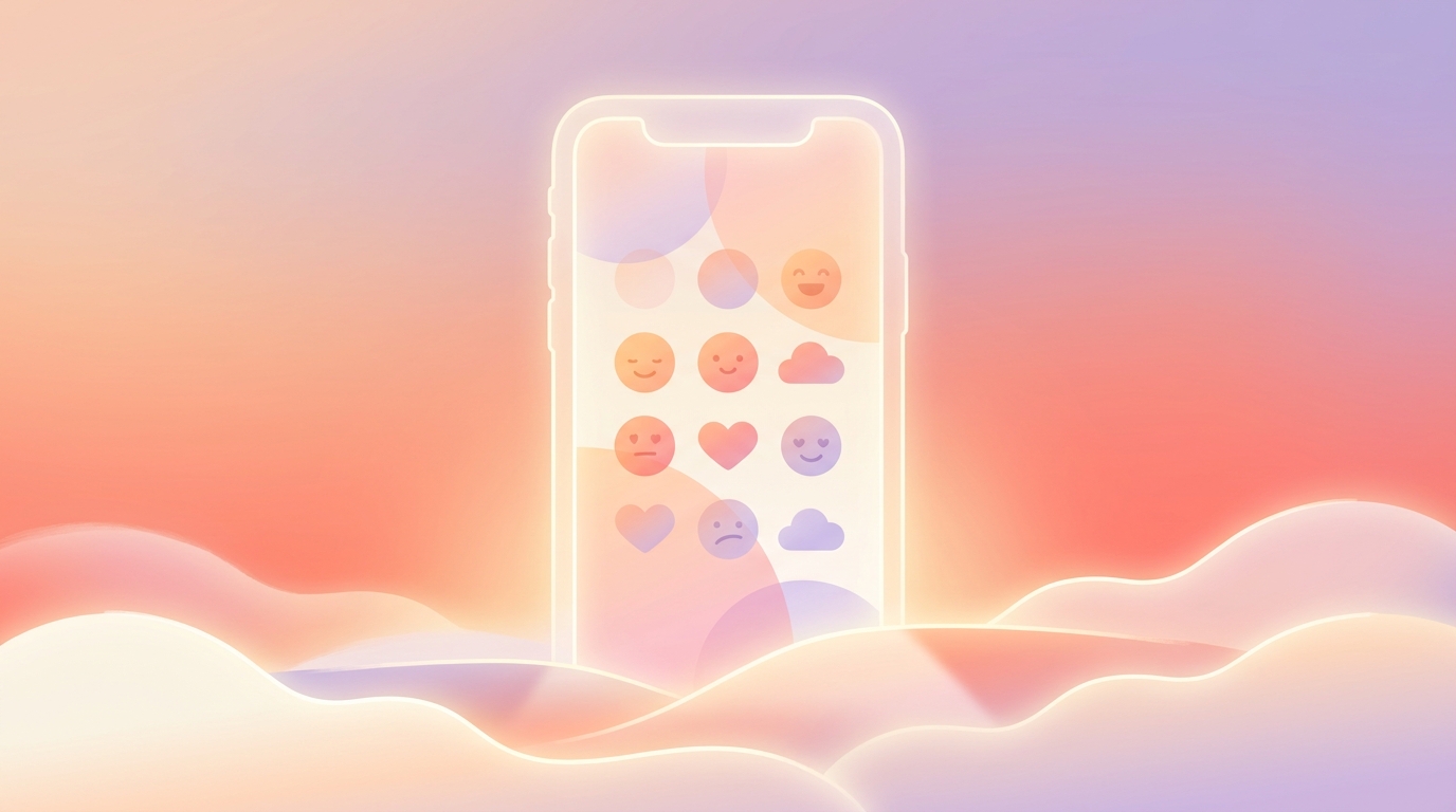 A minimalist smartphone interface showing ViviDiary's mood logging screen with custom Genmoji integration for iOS 27