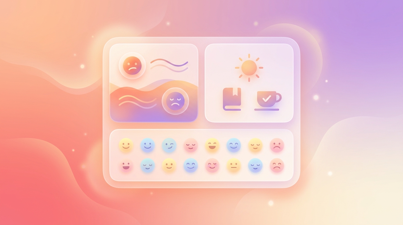A modular bento UI widget on an iOS 27 home screen showing mood, routines, and emojis