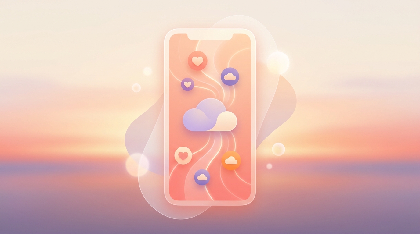 A smartphone displaying the ViviDiary iOS 27 health integration UX, showing mood emojis syncing to Apple Health.