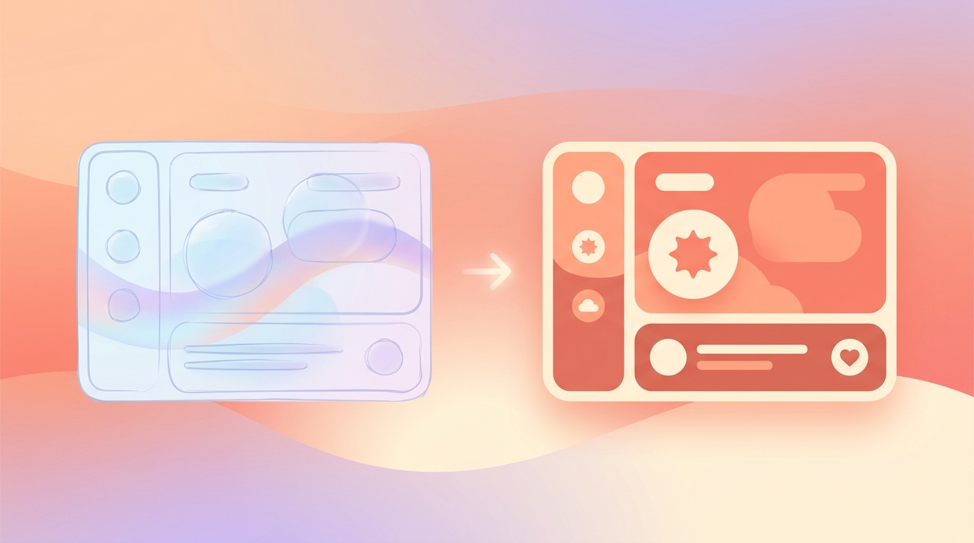 A side-by-side comparison of a rejected translucent liquid glass UI and ViviDiary's solid, high-contrast mood tracker interface