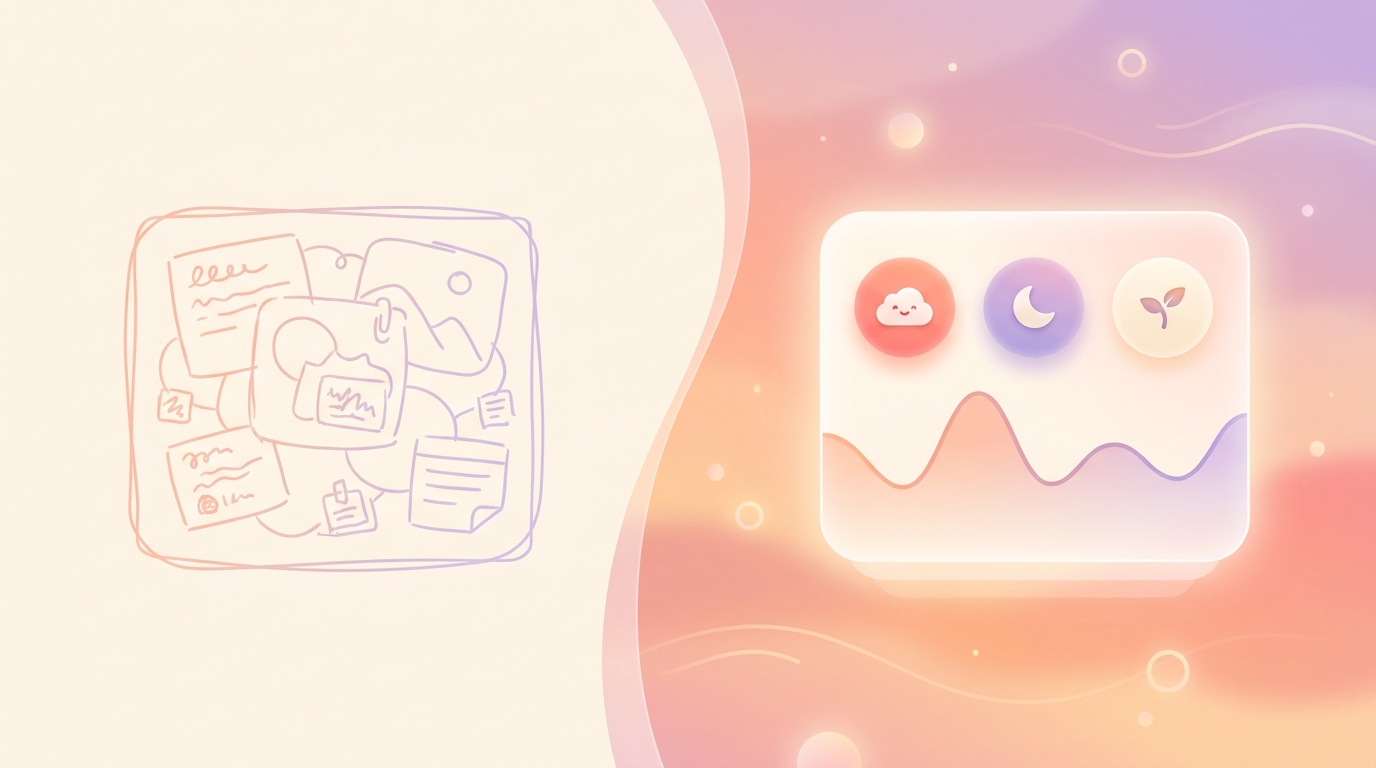 A side-by-side comparison of a cluttered mini-journal widget and a clean, minimal mood tracking widget on an iOS home screen.