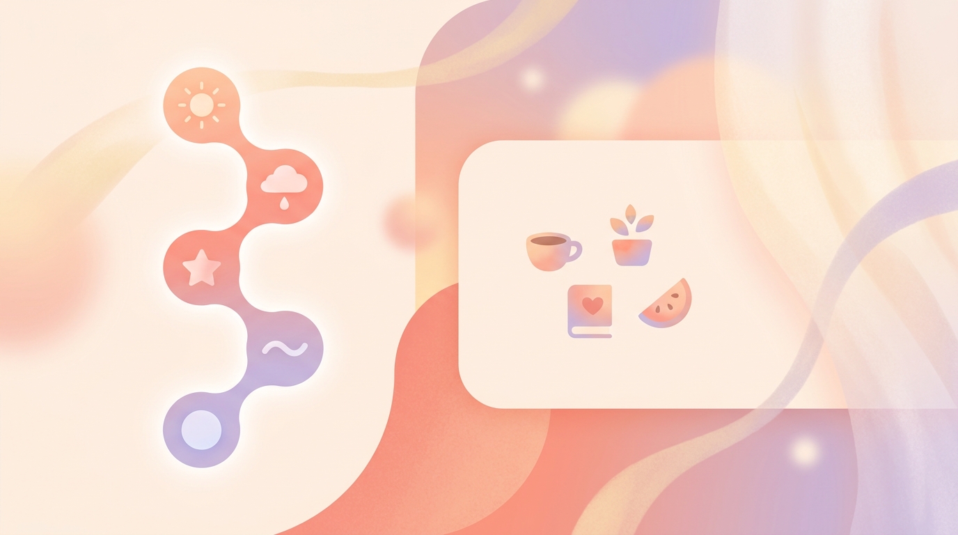 Aesthetic journaling app interface showing a 5-level mood tracker and small joys emoji logging