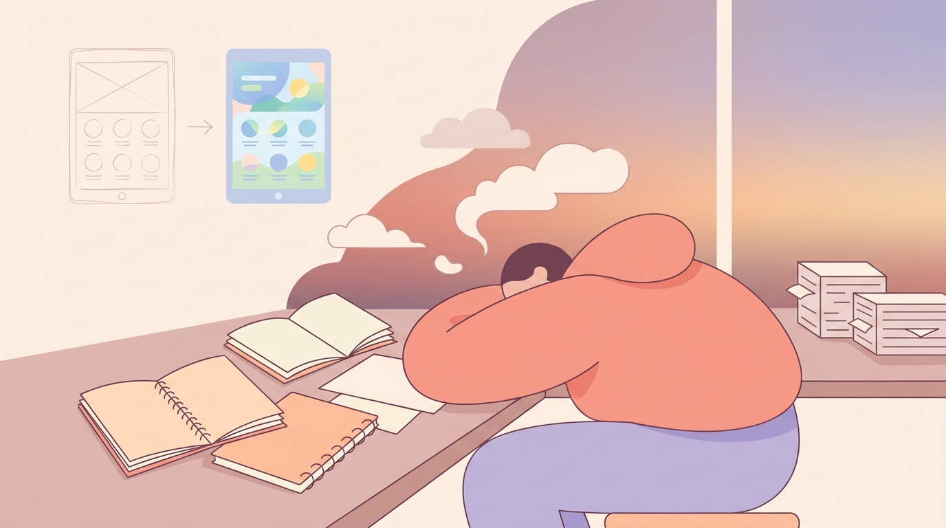 Student looking stressed at a desk with notebooks, representing syllabus shock and college burnout