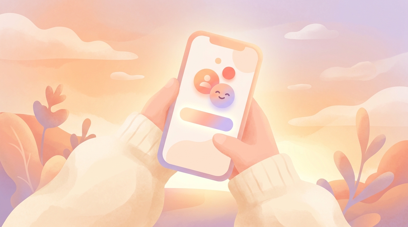 A person holding a smartphone showing a simple, non-addictive mood tracking interface, reflecting app safety principles.