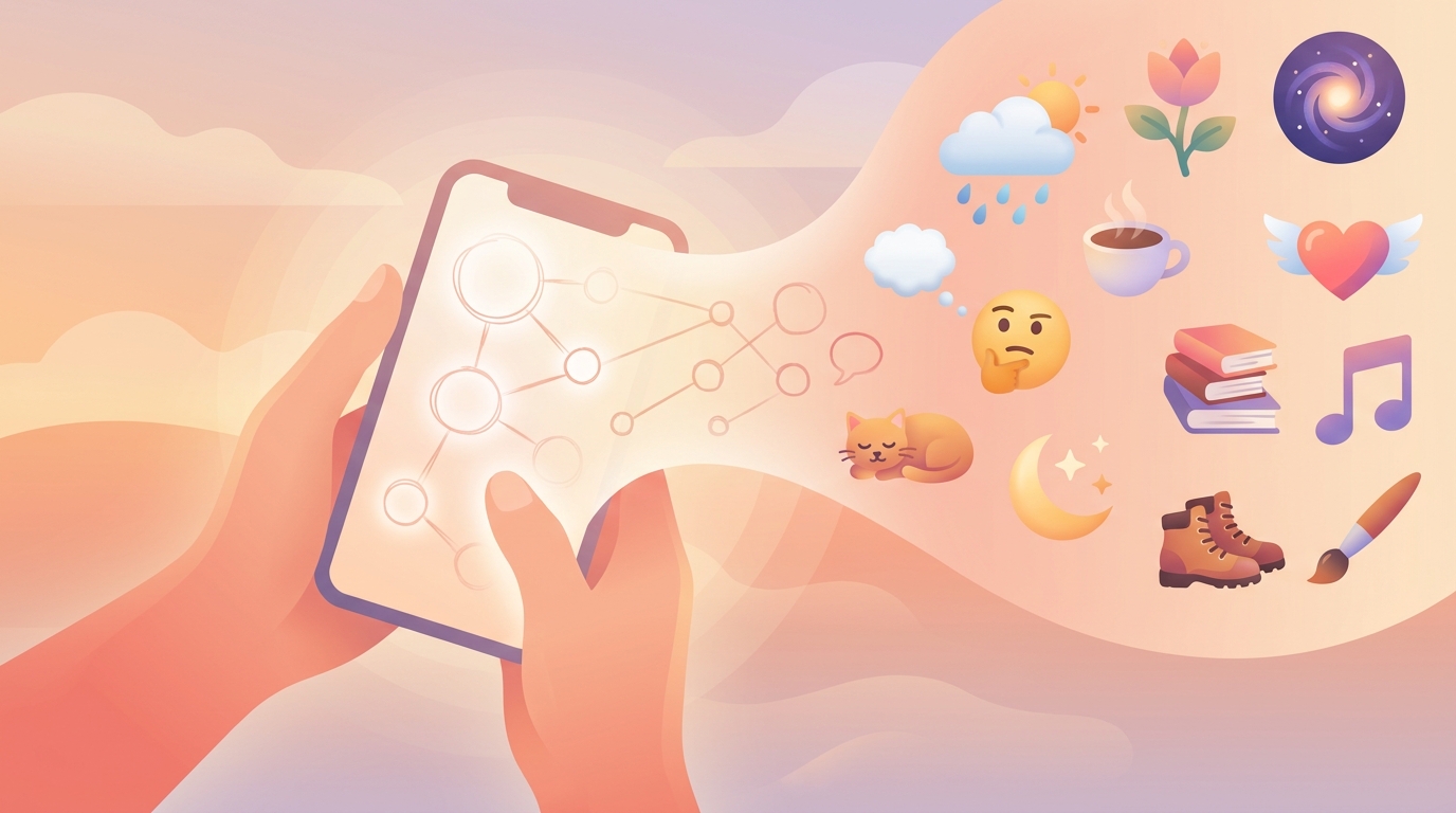 Une personne tenant un smartphone affichant un éventail complexe d'emojis personnalisés, soulignant pourquoi les emojis 5 ne suffisent pas pour le suivi de l'humeur.
