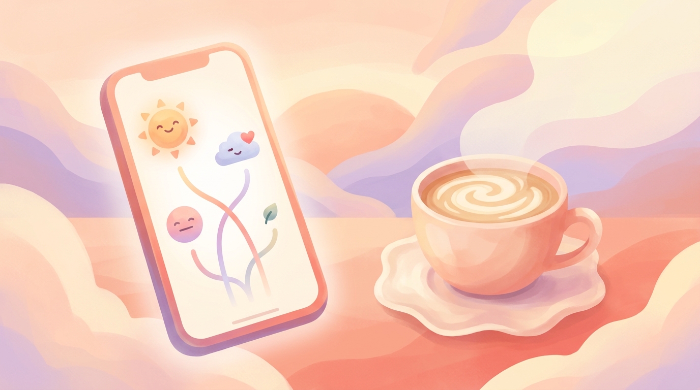 Ein Smartphone, das eine leichte, Emoji-basierte Stimmungstracker-Oberfläche neben einer Tasse Kaffee anzeigt, was für ein reibungsarmes App-Design steht.