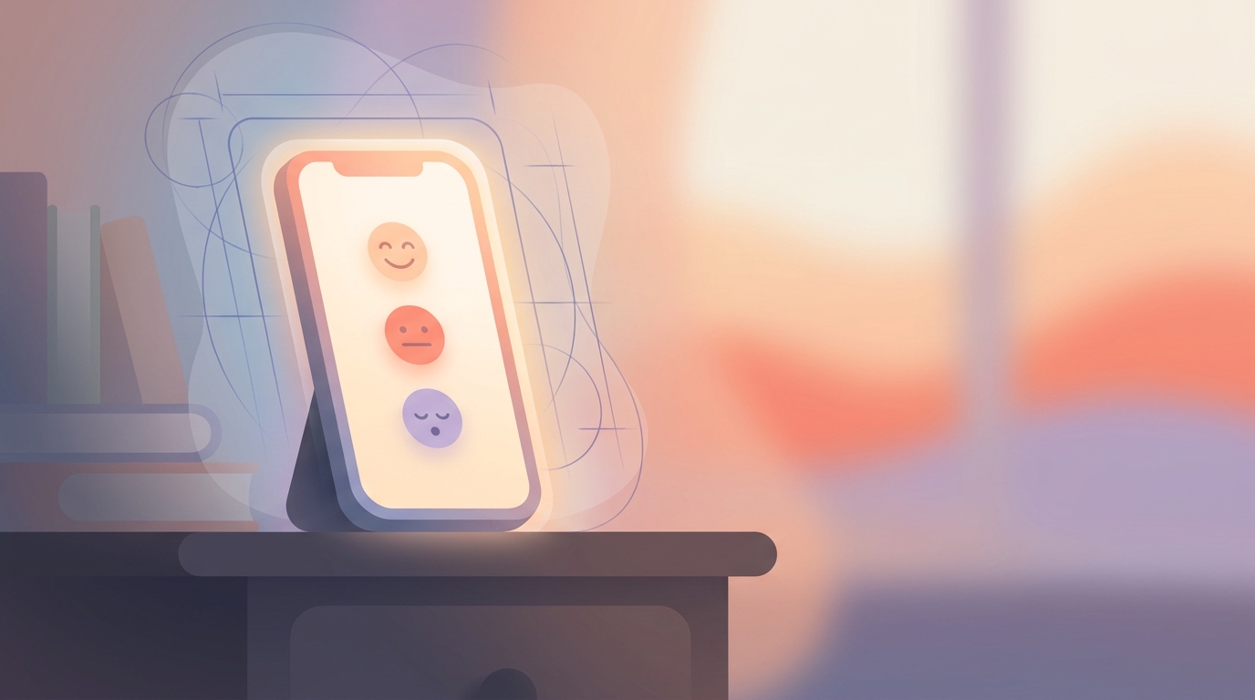 A smartphone displaying ViviDiary's simple 3-second emoji mood log resting on a dark, uncluttered nightstand, contrasting with the heavy bedtime stacking trend.