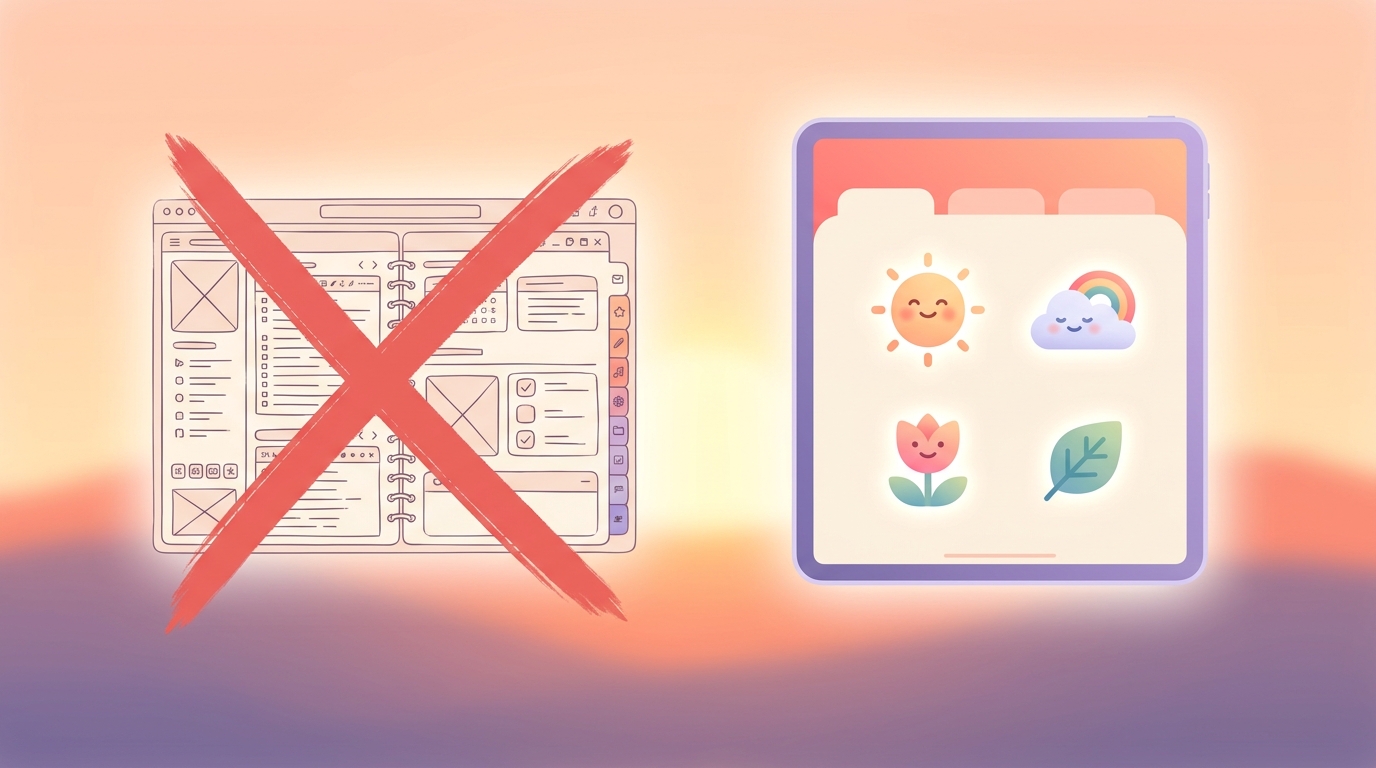 Ein direkter Vergleich einer komplexen, überladenen Planer-App-Oberfläche, die rot durchgestrichen ist, neben einer sauberen, einfachen, auf Emojis basierenden Stimmungs-Tracker-Oberfläche.