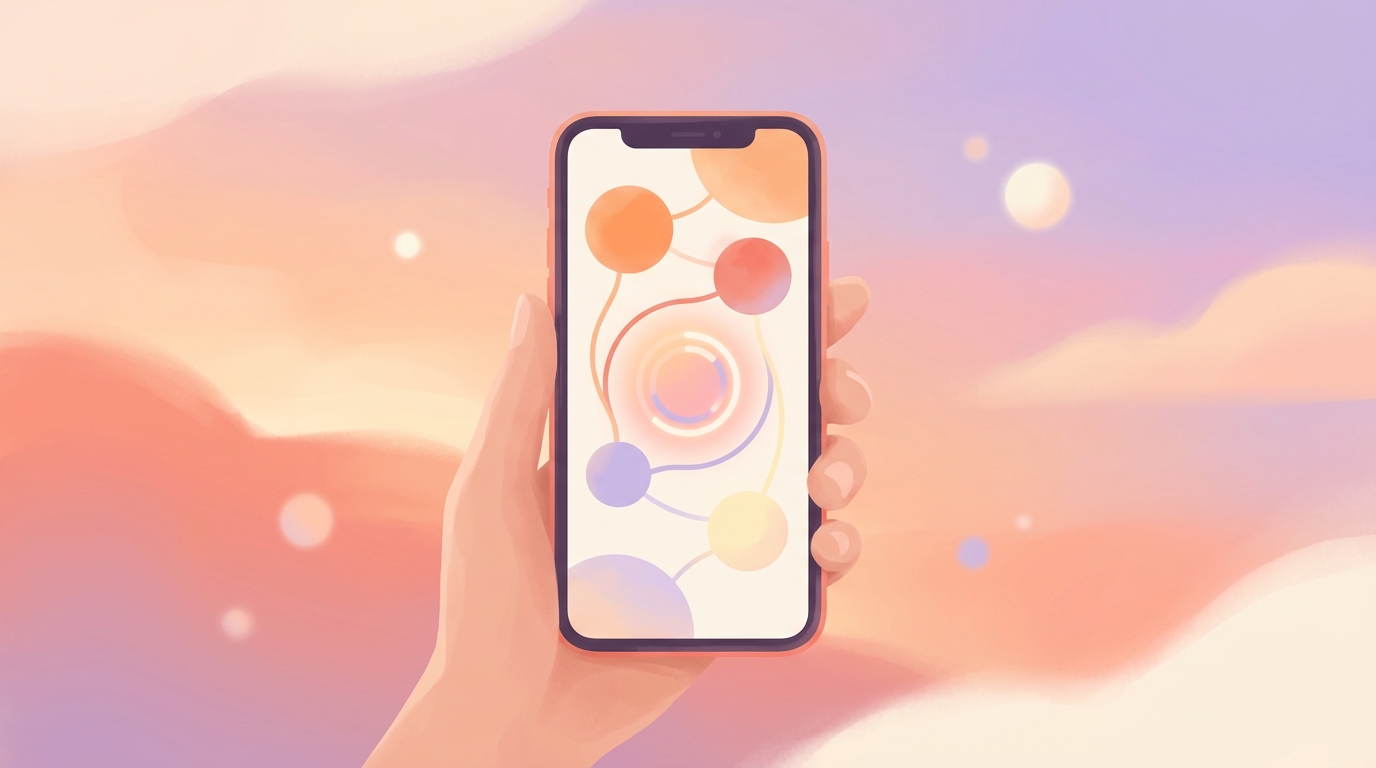 A person holding an iPhone displaying the ViviDiary interactive mood tracker widget on the home screen