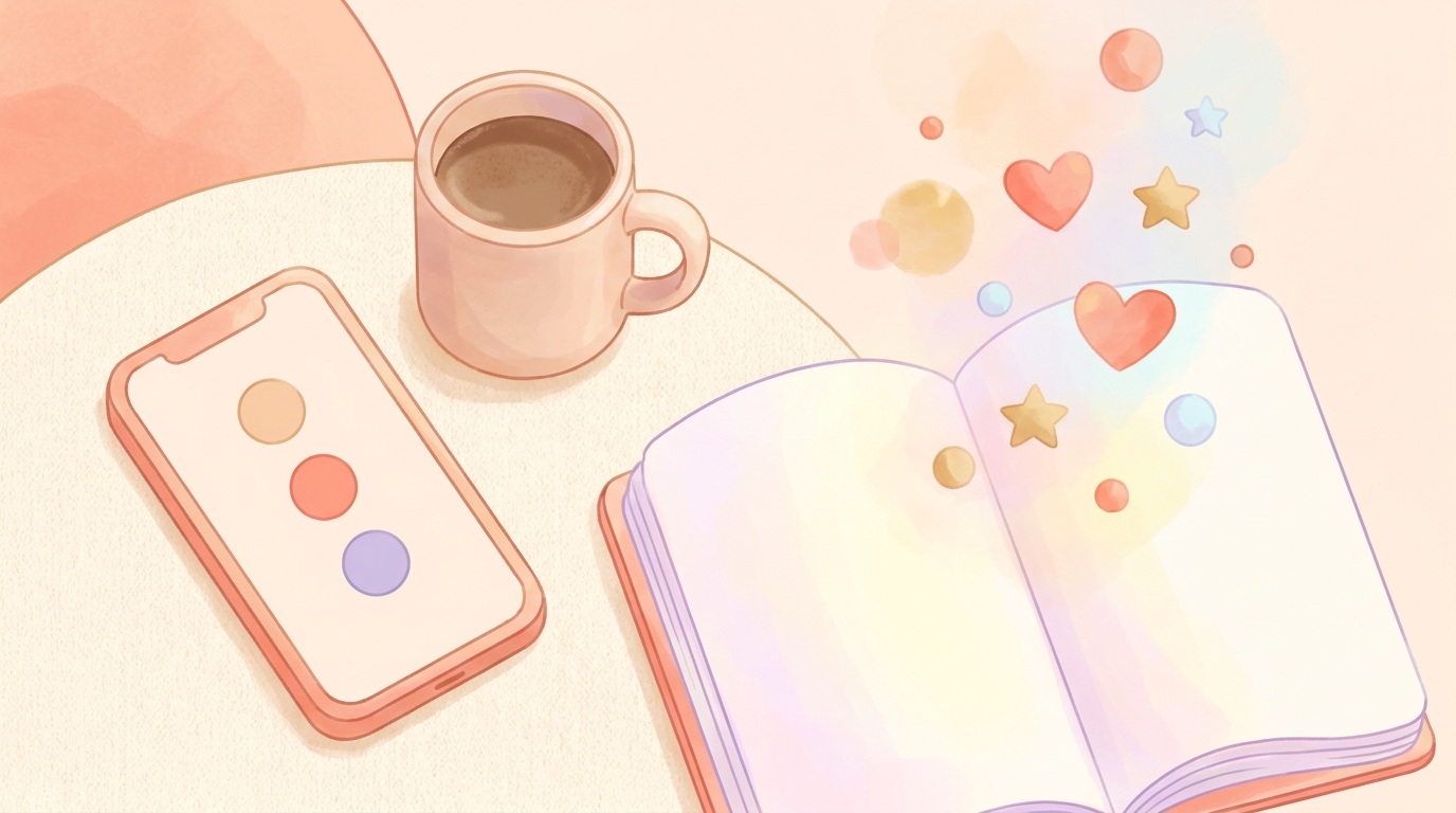 A warm, aesthetic flatlay of a smartphone showing a simple mood tracker alongside a cup of coffee, representing the 2026 is the new 2016 nostalgia journaling trend.