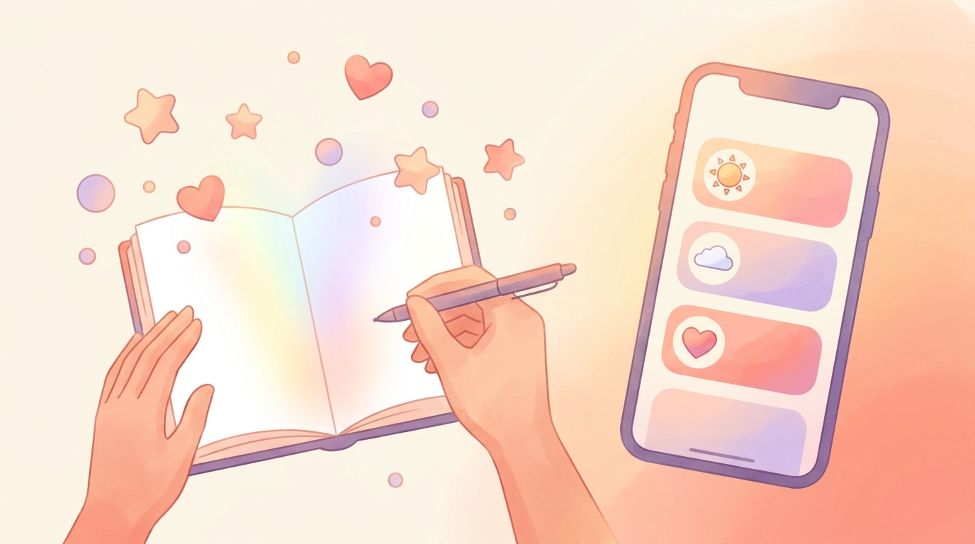 A person writing in a journal next to a smartphone displaying emoji mood tracking modules