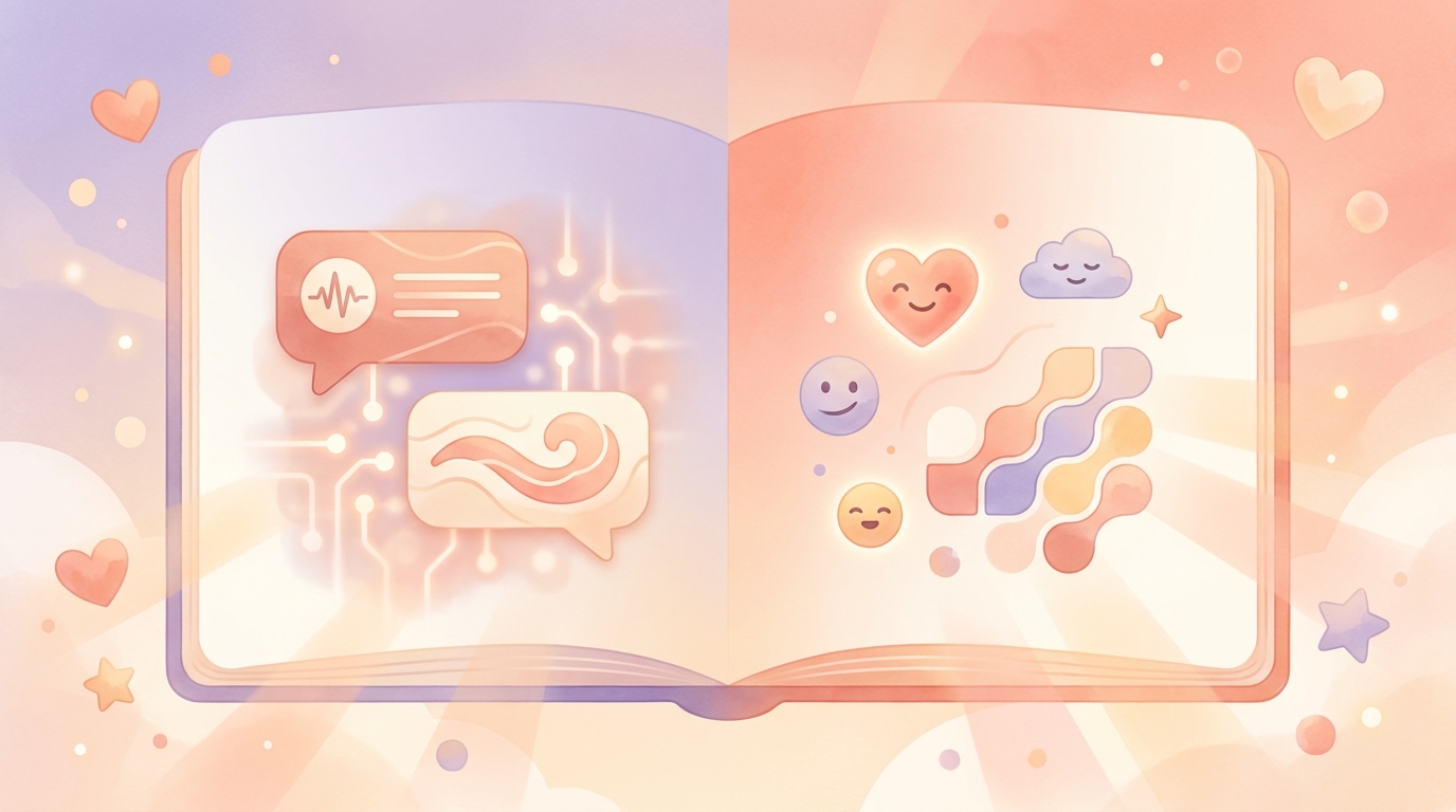 A split screen showing a robotic AI therapy chat interface versus a calming, emoji-based modular mood tracker app on a smartphone