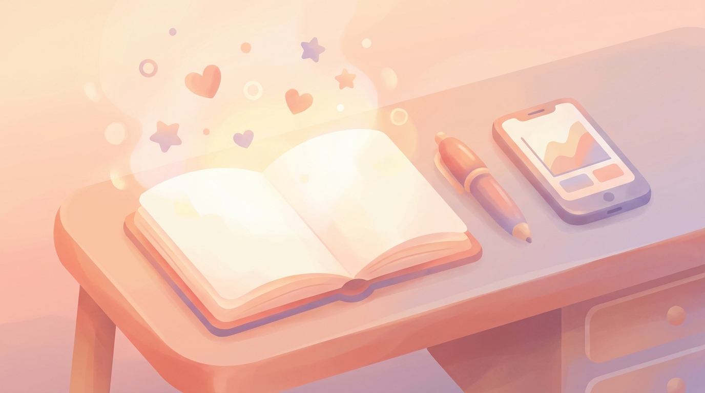 A cozy desk setup with an open notebook, a pen, and a smartphone displaying a mood tracking app, capturing the essence of august anxiety journaling prompts 2026