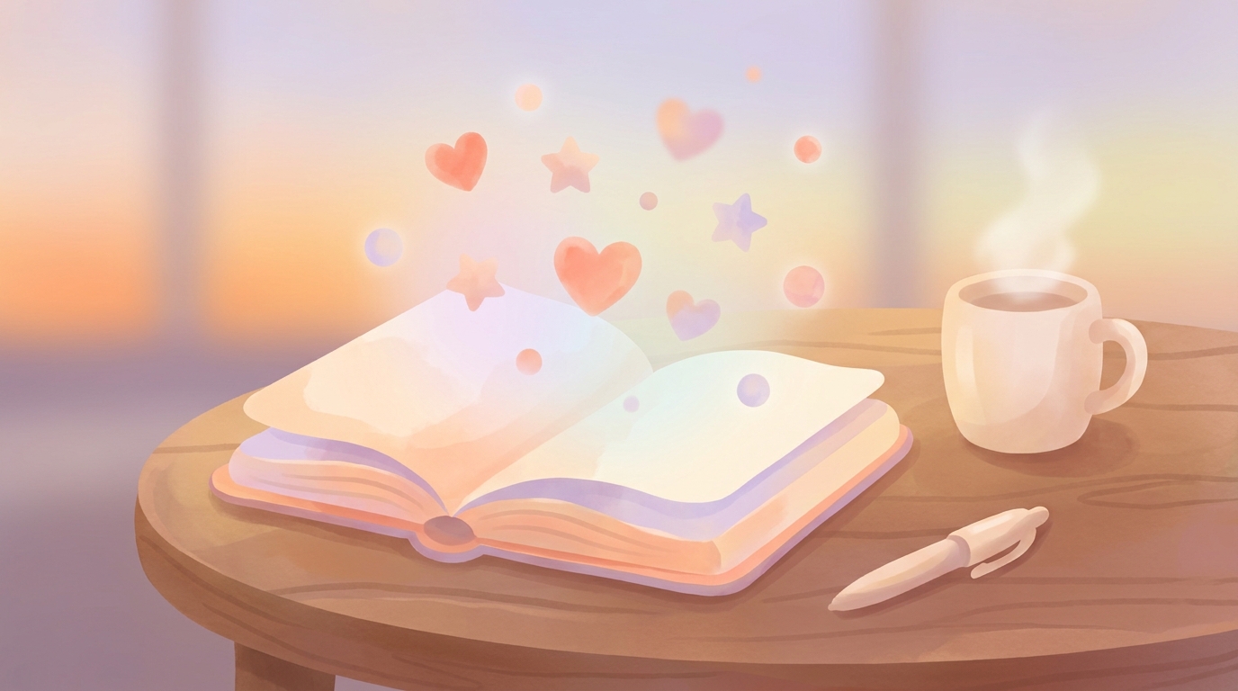 Un escritorio acogedor con un diario, un bolígrafo y café, que representa un chequeo de salud mental para el regreso a clases.
