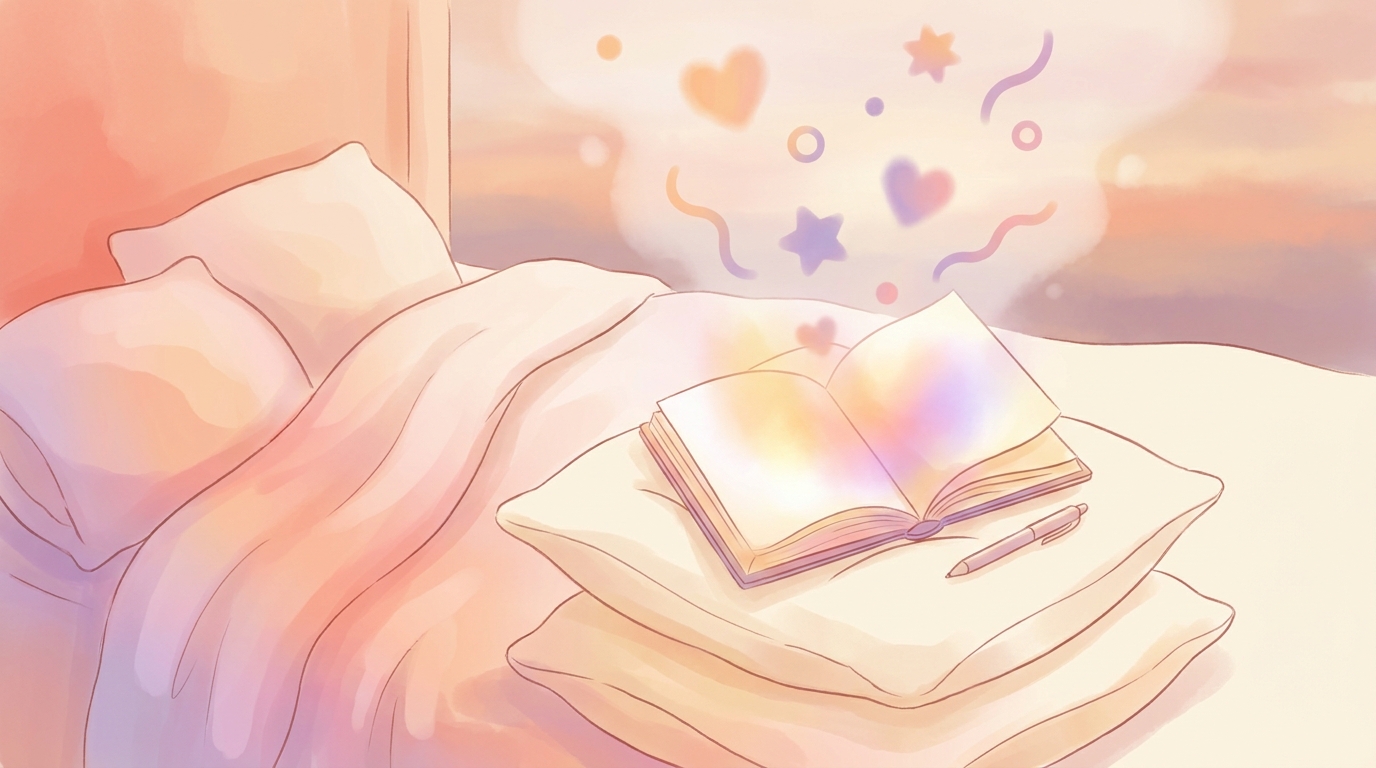 A cozy but messy bed with a journal and pen resting on the pillows, representing bed rotting psychology and recovery