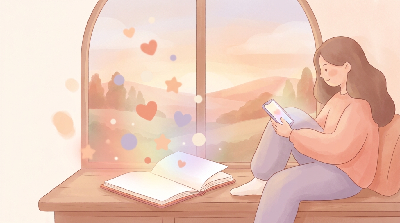 A person sitting by a window in late summer, looking thoughtful while holding a smartphone for end of summer transition mood tracking