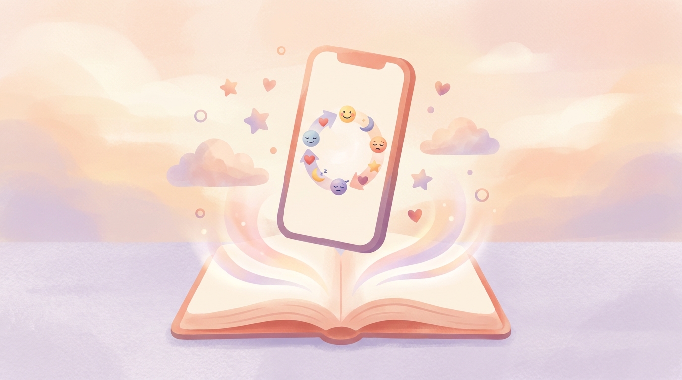A smartphone displaying a cycle syncing mood tracker with colorful emojis against a soft pastel background