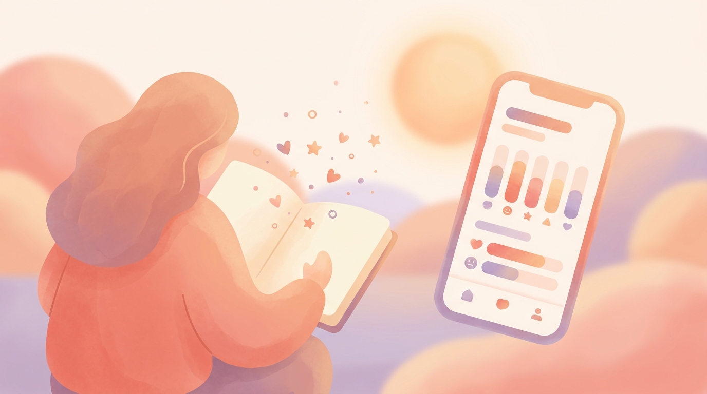 A person writing in a journal next to a smartphone displaying a mood tracking app, representing the Huberman journaling protocol 2026
