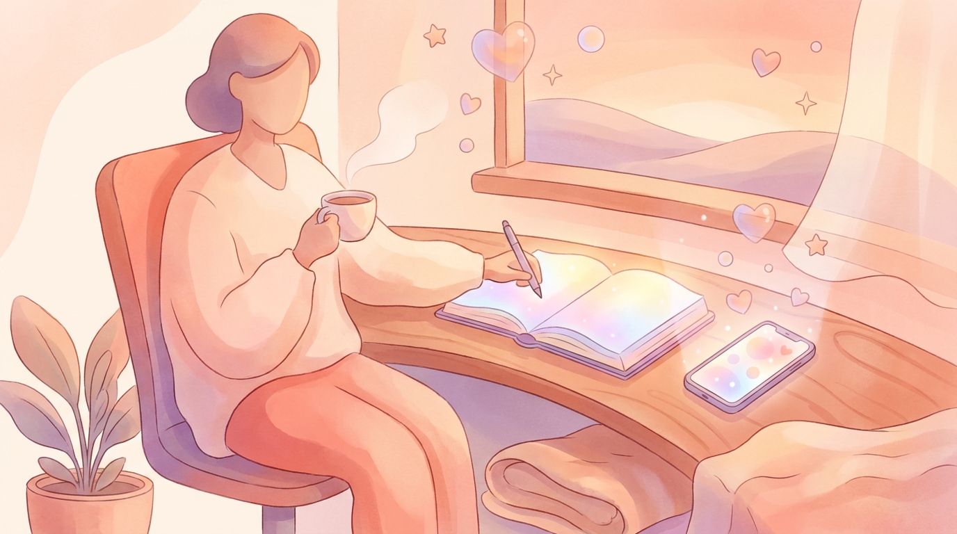 A person sitting at a desk with a warm cup of tea, thoughtfully writing in a journal while looking at a mood tracking app on their phone.