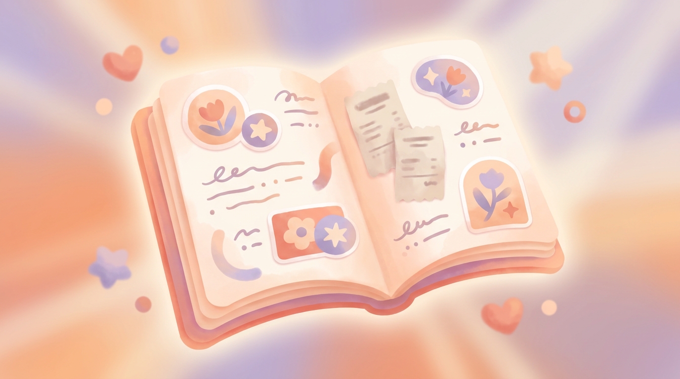 A messy, colorful junk journal page filled with stickers, receipts, and scribbled notes representing the junk journaling tiktok trend summer 2026