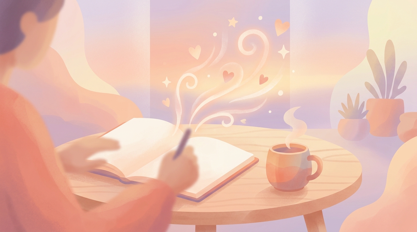 A person writing in a journal next to a cup of coffee, practicing let them theory journal prompts for emotional detachment.