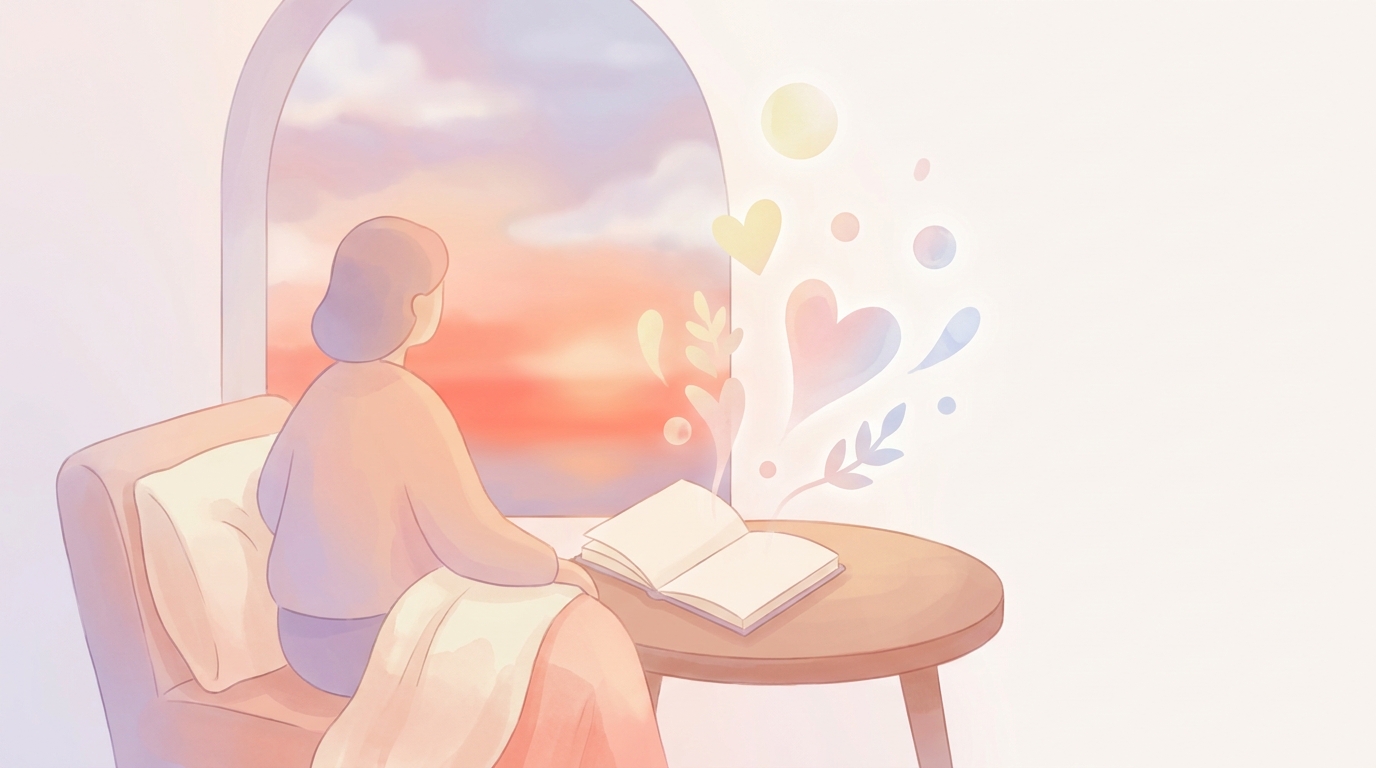 A person sitting by a window, writing in a journal and reflecting on their life chapters to support their mental health.