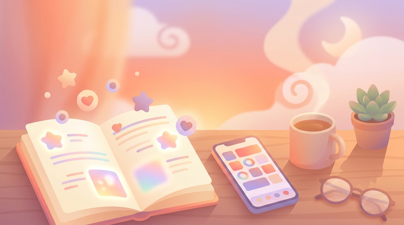 A cozy desk setup featuring a smartphone with a modular mood tracker app, symbolizing mid-year planner burnout recovery.