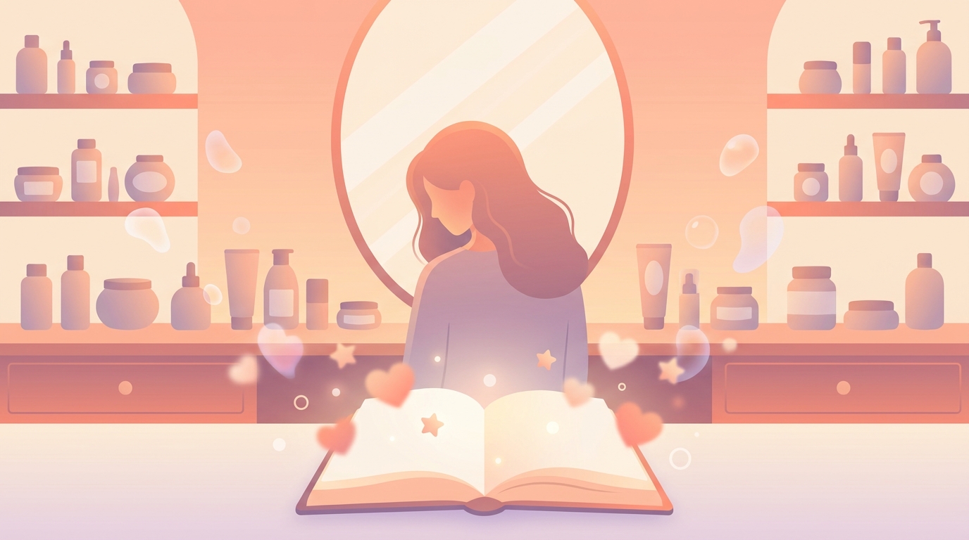 A woman looking overwhelmed in front of a mirror surrounded by dozens of skincare and wellness products, representing the morning shed tiktok trend mental health impact
