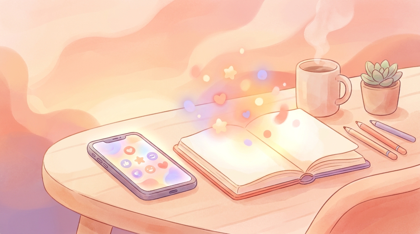 A cozy desk setup with a smartphone displaying a mood tracking app next to an open notebook for National Wellness Month journaling.