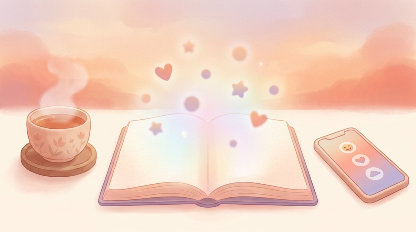 A cozy, low-demand journaling setup with a smartphone displaying emoji mood tracking alongside a cup of tea