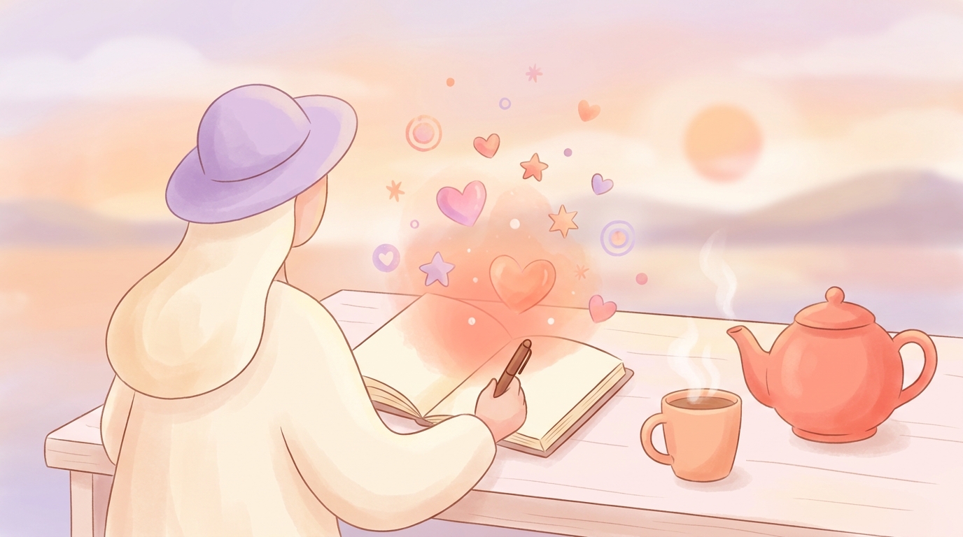 A person writing in a journal with a warm cup of tea, processing pink tote lid moment journal prompts