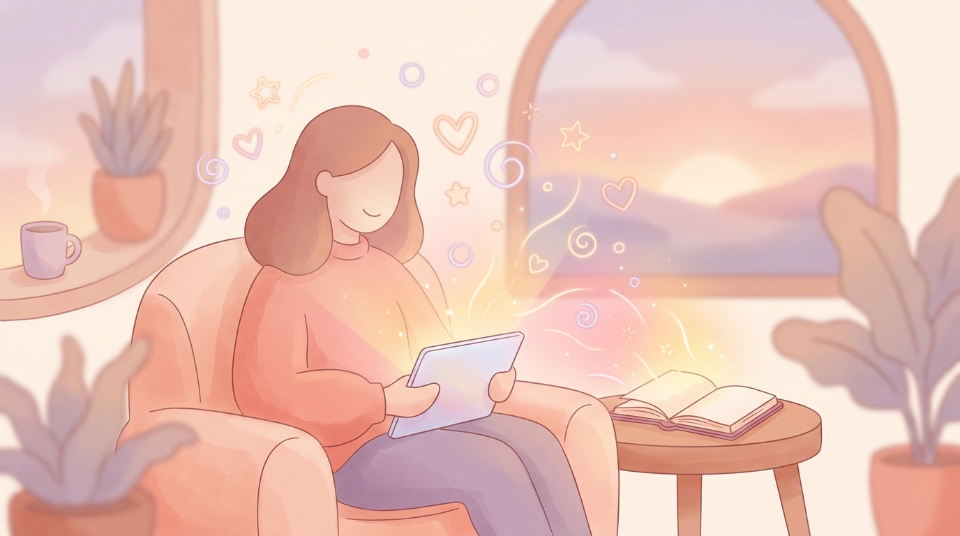 A person smiling warmly while typing on a digital tablet in a cozy room, representing the practice of positive affect journaling.