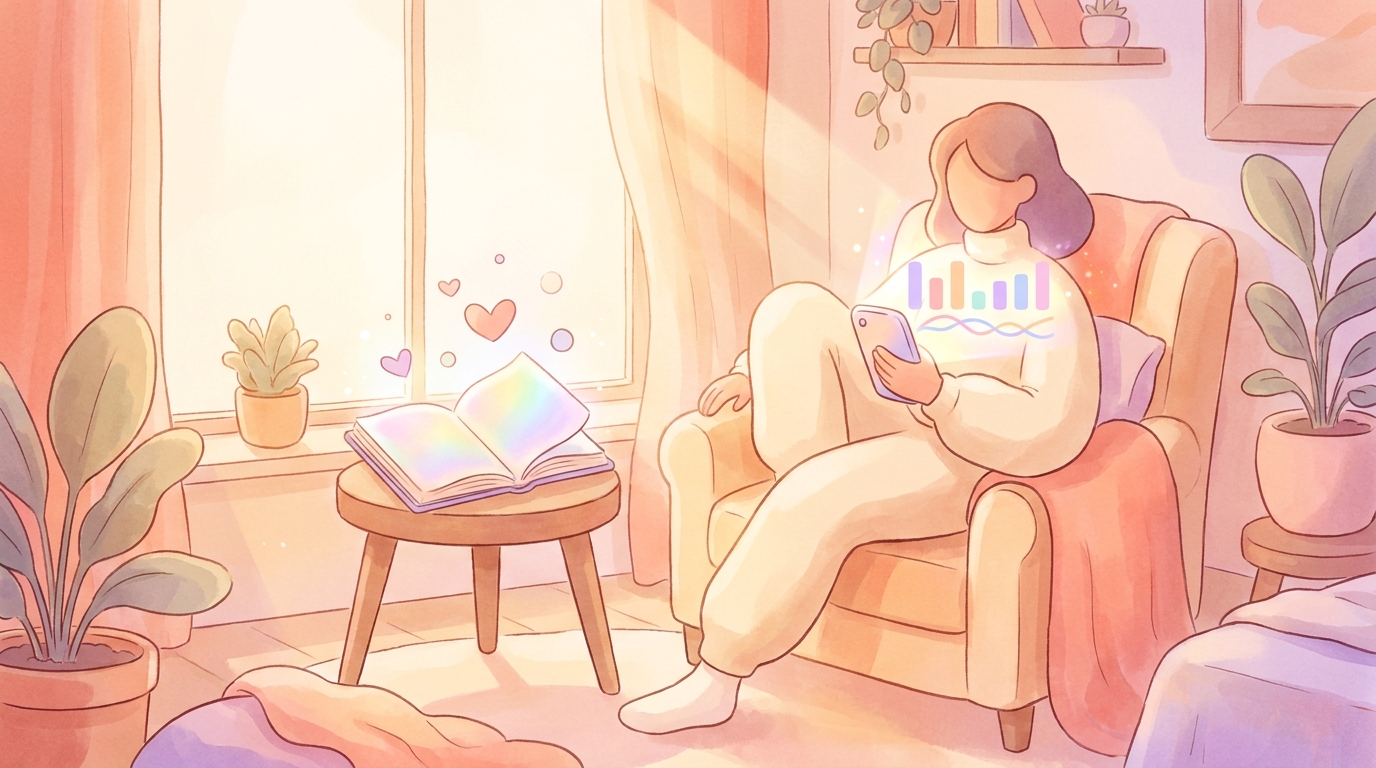A person looking thoughtfully at their smartphone screen displaying a colorful mood tracking graph with AI insights, sitting in a cozy, sunlit room.